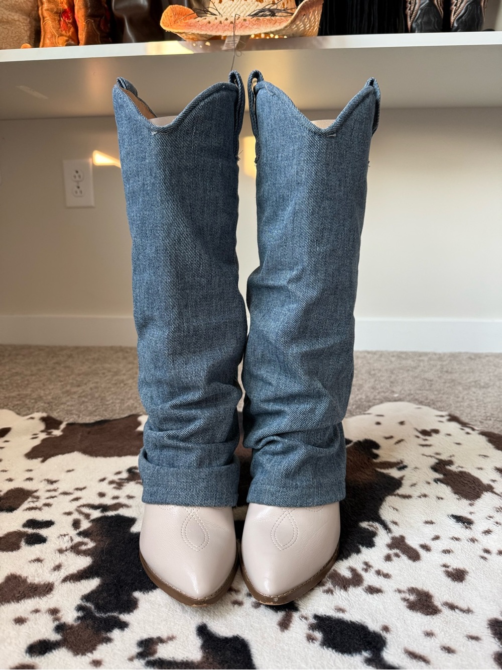 Denim Slouch Shaft Cowgirl Boots with Cream Pointed Toes